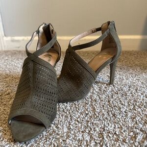Olive green zip back open toe heels